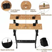 HOMCOM Banc de Lucru Pliabil cu 4 Menghine, Riglă și Unghiometru, Capacitate 150 kg, Negru și Lemn 