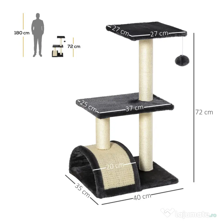 PawHut Copac pentru Pisici cu 3 Nivele cu Covor pentru Zgâriat în Formă de Arc, Copac de Zgâriat, 40x35x72 cm, Gri | Aosom Romania