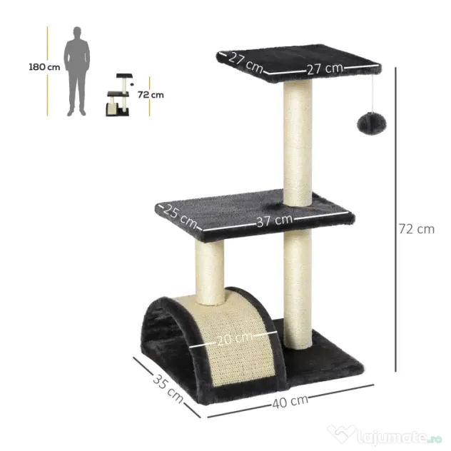 PawHut Copac pentru Pisici cu 3 Nivele cu Covor pentru Zgâriat în Formă de Arc, Copac de Zgâriat, 40x35x72 cm, Gri | Aosom Romania