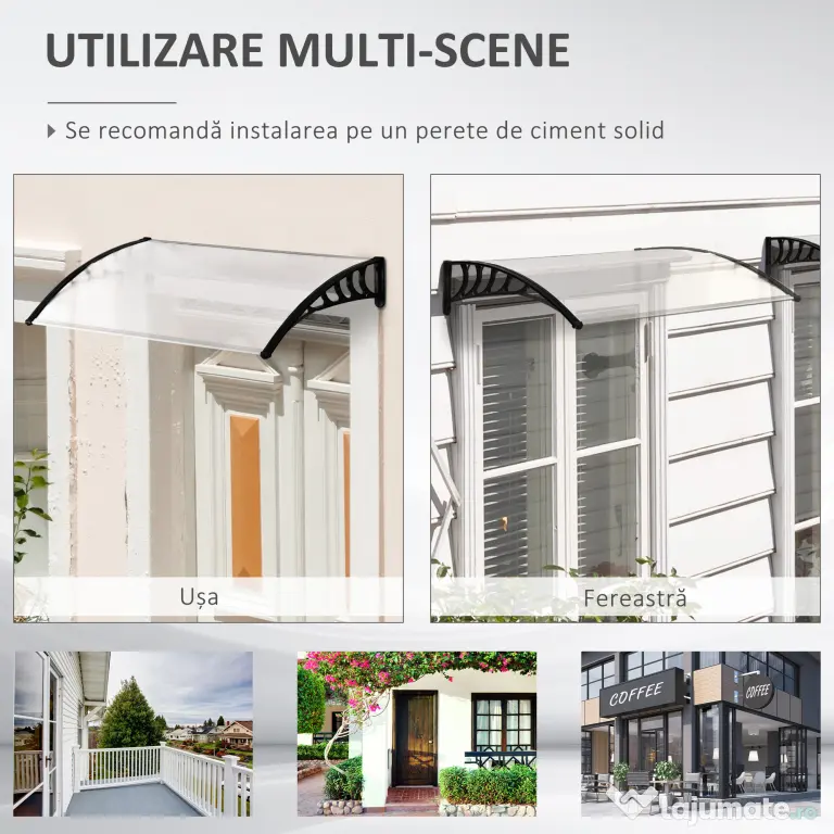 Outsunny Copertină Curbată pentru Exterior cu Panouri din Policarbonat și Sistem de Fixare Inclus | Aosom Romania