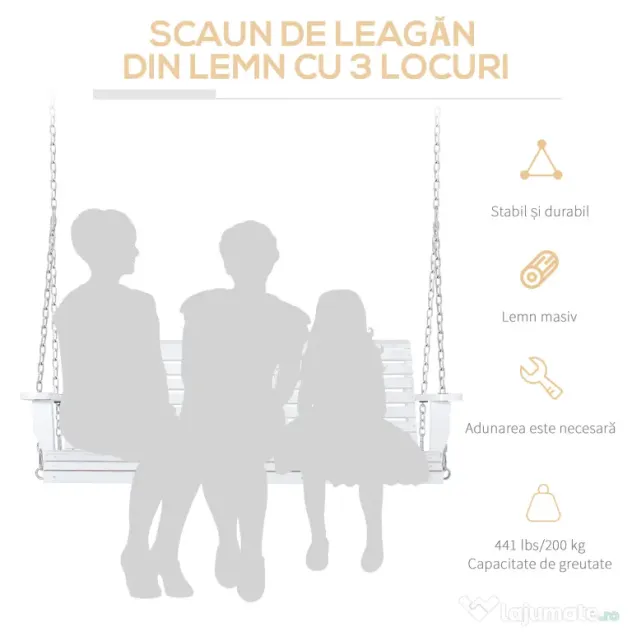 Outsunny Leagăn Suspendat pentru Exterior din Lemn de Brad cu Măsuță Rabatabilă și Suporturi pentru Pahare, Leagăn pentru Grădină sau Terasă cu 2-3 Locuri, Alb | Aosom Romania