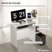 HOMCOM Birou Modern pentru PC cu Etajeră, Suport pentru Tastatură, Blat şi Sertar din Ţesătură, 100x40x86.6 cm, Alb | Aosom Romania 