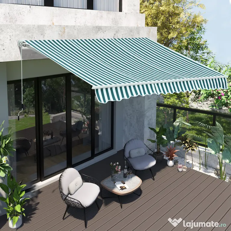 Outsunny Copertina Soare cu Brate de Exterior Reglare cu Manivela, Metal si Poliester, 295x250cm Verde si Alba
