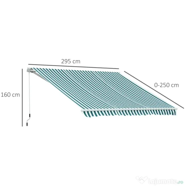 Outsunny Copertina Soare cu Brate de Exterior Reglare cu Manivela, Metal si Poliester, 295x250cm Verde si Alba