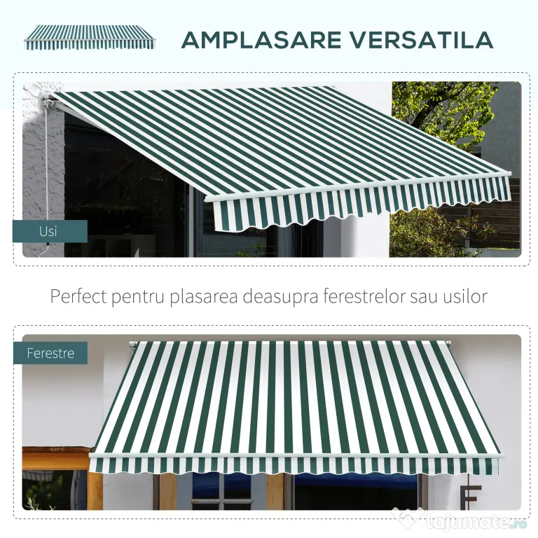 Outsunny Copertina Soare cu Brate de Exterior Reglare cu Manivela, Metal si Poliester, 295x250cm Verde si Alba