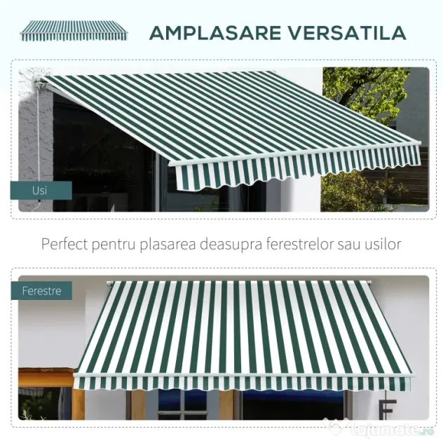Outsunny Copertina Soare cu Brate de Exterior Reglare cu Manivela, Metal si Poliester, 295x250cm Verde si Alba