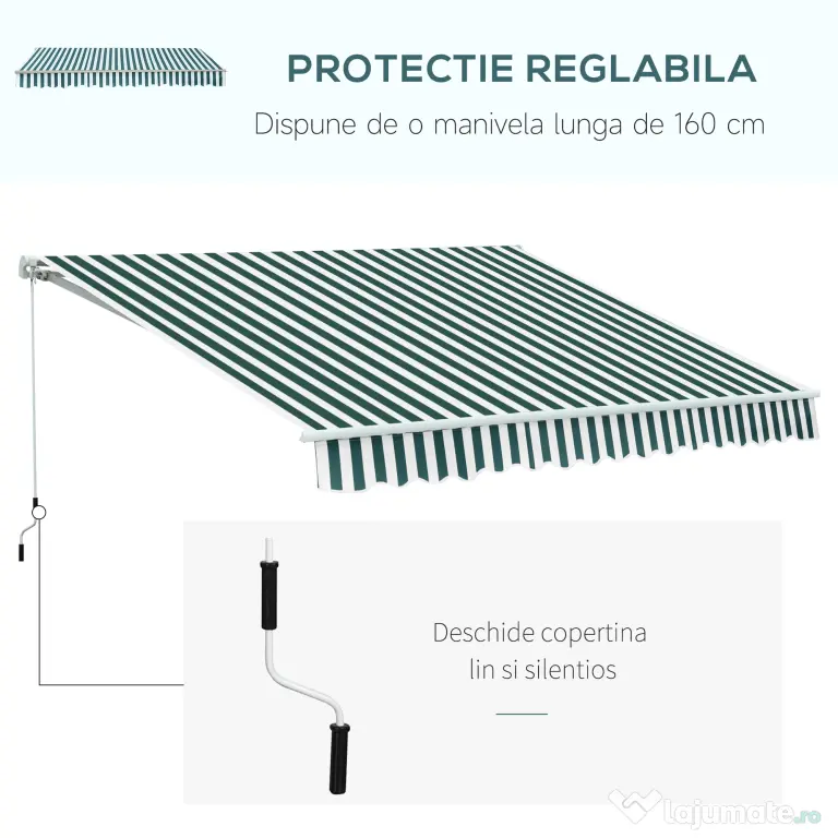 Outsunny Copertina Soare cu Brate de Exterior Reglare cu Manivela, Metal si Poliester, 295x250cm Verde si Alba