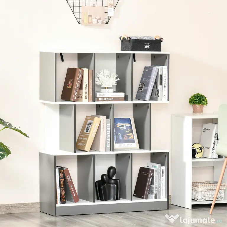 HOMCOM Bibliotecă Mobilă cu 8 Rafturi pentru Sufragerie și Dormitor, 100x24x124 cm, Gri Închis | Aosom Romania