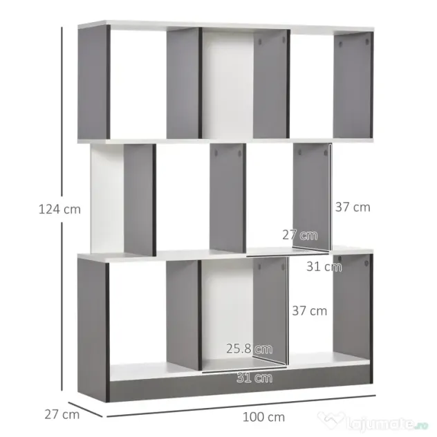 HOMCOM Bibliotecă Mobilă cu 8 Rafturi pentru Sufragerie și Dormitor, 100x24x124 cm, Gri Închis | Aosom Romania
