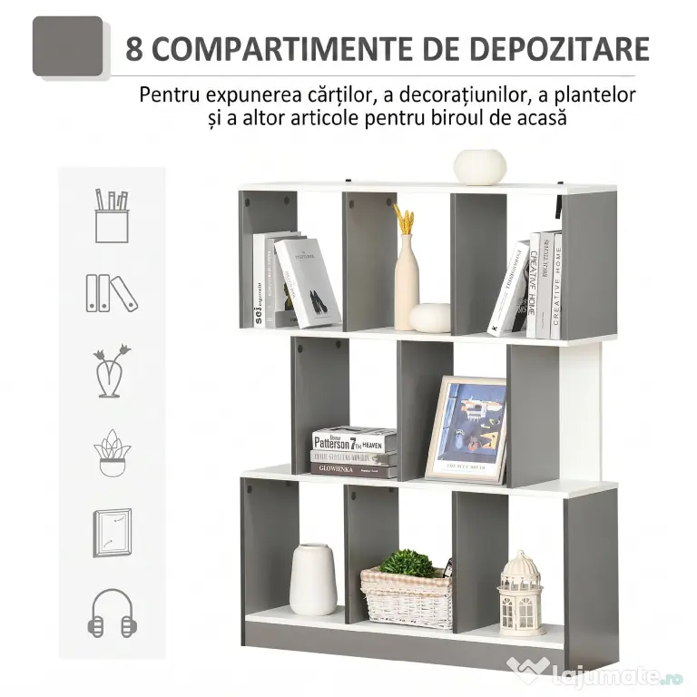 HOMCOM Bibliotecă Mobilă cu 8 Rafturi pentru Sufragerie și Dormitor, 100x24x124 cm, Gri Închis | Aosom Romania