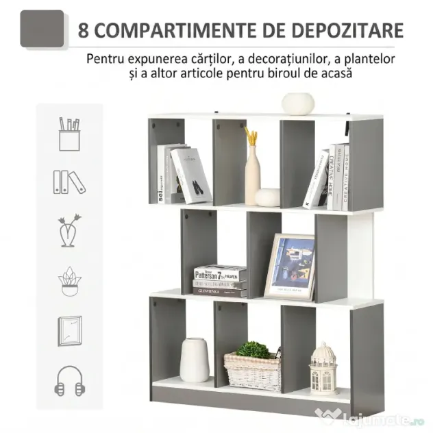 HOMCOM Bibliotecă Mobilă cu 8 Rafturi pentru Sufragerie și Dormitor, 100x24x124 cm, Gri Închis | Aosom Romania