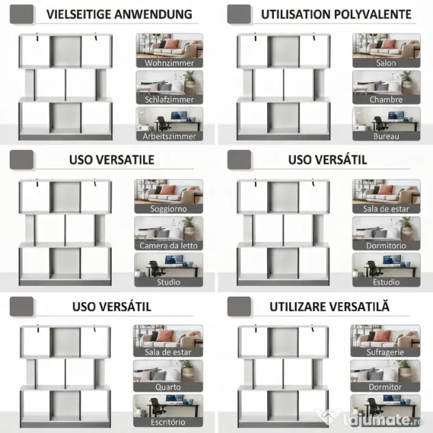 HOMCOM Bibliotecă Mobilă cu 8 Rafturi pentru Sufragerie și Dormitor, 100x24x124 cm, Gri Închis | Aosom Romania
