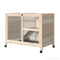 PawHut Cușcă din Lemn cu 2 Nivele, Căsuță pentru Iepuri, Cușcă cu Rampă și Tavă Detașabilă, 91.5x53.3x73 cm, Lemn Natural | Aosom Romania