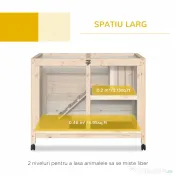 PawHut Cusca Iepuri 2 Etaje – Lemn cu Rampa si Tava Usor de Curatat 