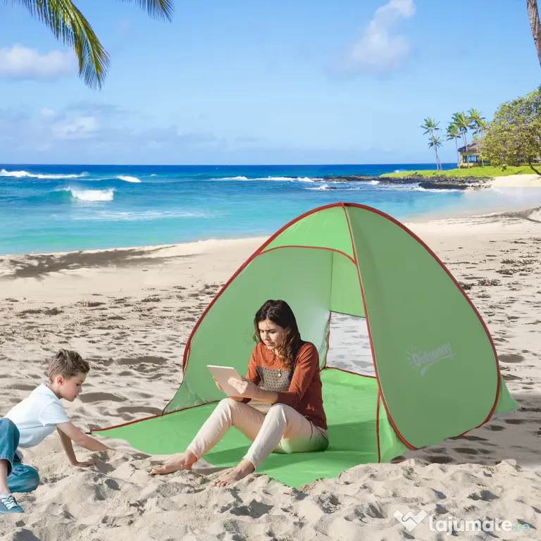 Outsunny Cort pentru Plajă cu Protecție UV 30+, Fereastră și Geantă de Transport, 200x150x119 cm, Verde | Aosom Romania