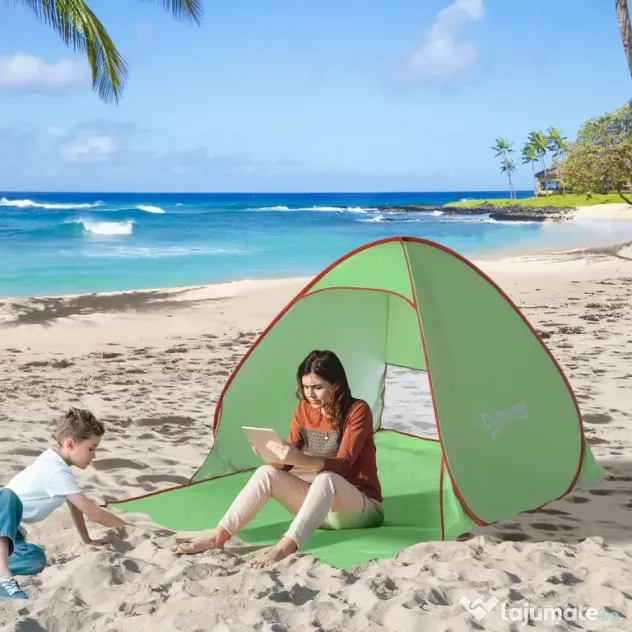 Outsunny Cort pentru Plajă cu Protecție UV 30+, Fereastră și Geantă de Transport, 200x150x119 cm, Verde | Aosom Romania