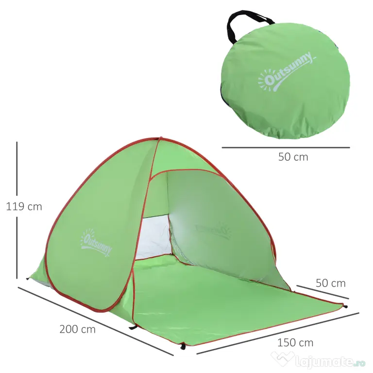 Outsunny Cort pentru Plajă cu Protecție UV 30+, Fereastră și Geantă de Transport, 200x150x119 cm, Verde | Aosom Romania