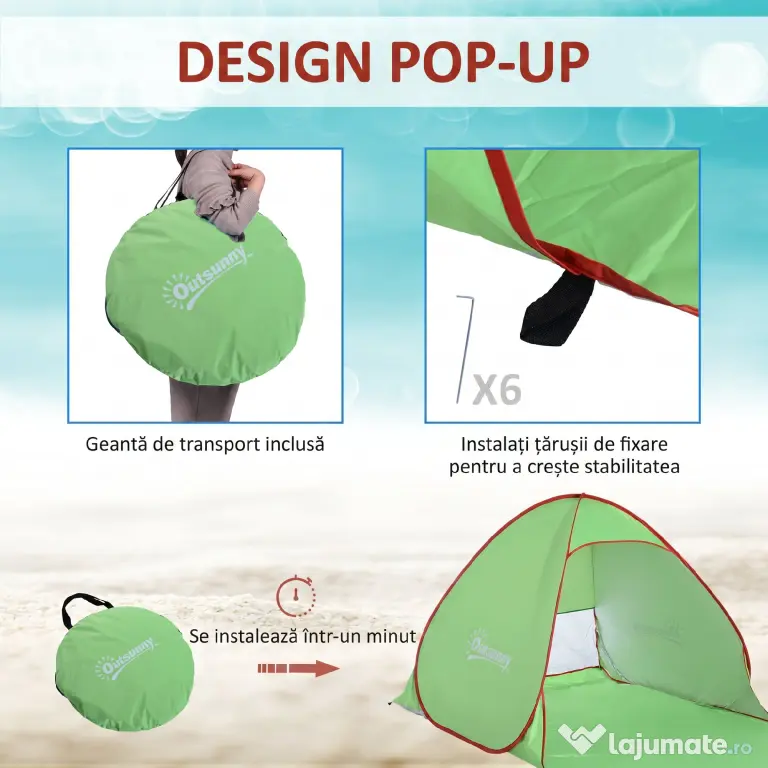 Outsunny Cort pentru Plajă cu Protecție UV 30+, Fereastră și Geantă de Transport, 200x150x119 cm, Verde | Aosom Romania