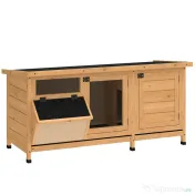 PawHut Cușcă din Lemn pentru Iepuri de Exterior cu Acoperiș din Asfalt, Căsuță, Tăvițe și Hrănitor, 112x50x54 cm, Galbenă