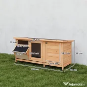 PawHut Cușcă din Lemn pentru Iepuri de Exterior cu Acoperiș din Asfalt, Căsuță, Tăvițe și Hrănitor, 112x50x54 cm, Galbenă