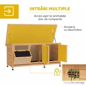 PawHut Cușcă din Lemn pentru Iepuri de Exterior cu Acoperiș din Asfalt, Căsuță, Tăvițe și Hrănitor, 112x50x54 cm, Galbenă