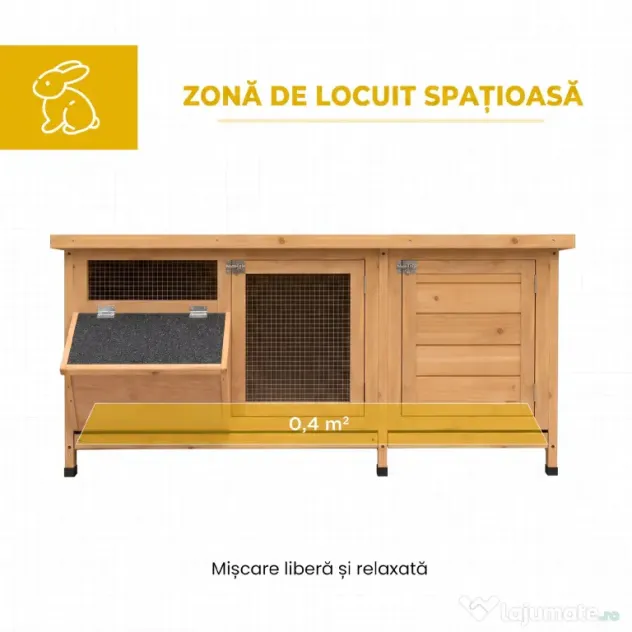 PawHut Cușcă pentru Iepuri din Lemn de Exterior cu Acoperiș din Asfalt, Căsuță cu Uși, Tăvi Detașabile și Hrănitoare, 112x50x54 cm, Galben | Aosom Romania
