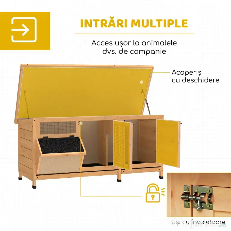 PawHut Cușcă pentru Iepuri din Lemn de Exterior cu Acoperiș din Asfalt, Căsuță cu Uși, Tăvi Detașabile și Hrănitoare, 112x50x54 cm, Galben | Aosom Romania