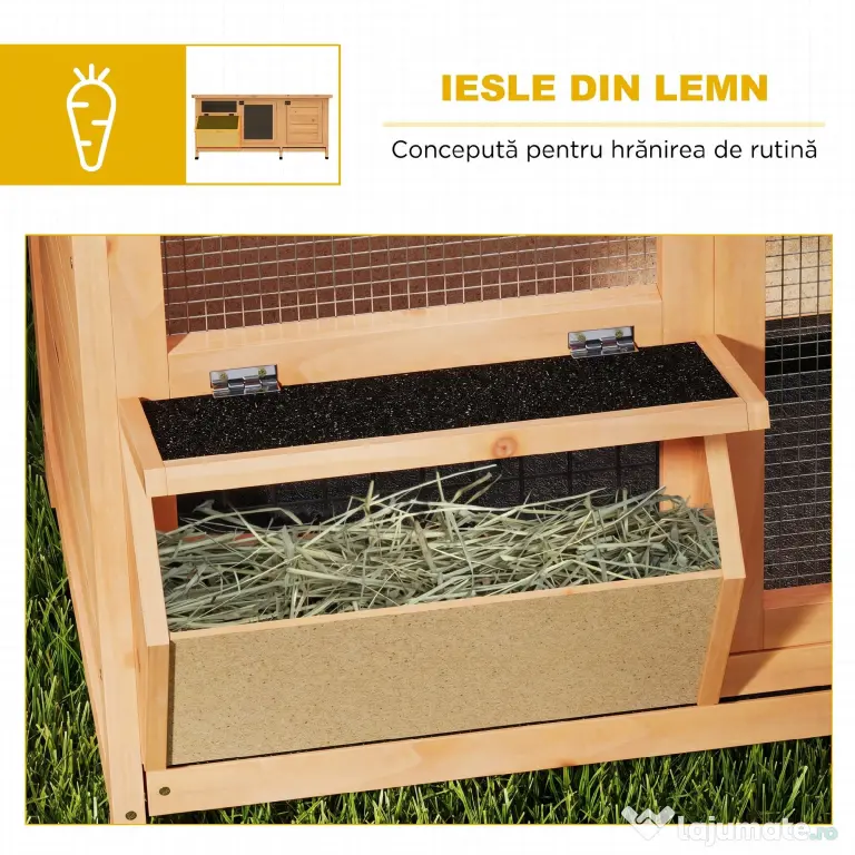 PawHut Cușcă pentru Iepuri din Lemn de Exterior cu Acoperiș din Asfalt, Căsuță cu Uși, Tăvi Detașabile și Hrănitoare, 112x50x54 cm, Galben | Aosom Romania