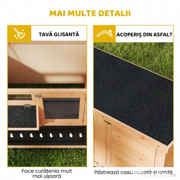 PawHut Cușcă pentru Iepuri din Lemn de Exterior cu Acoperiș din Asfalt, Căsuță cu Uși, Tăvi Detașabile și Hrănitoare, 112x50x54 cm, Galben | Aosom Romania