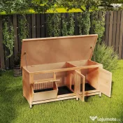 PawHut Cușcă pentru Iepuri din Lemn de Exterior cu Acoperiș din Asfalt, Căsuță cu Uși, Tăvi Detașabile și Hrănitoare, 112x50x54 cm, Galben | Aosom Romania 
