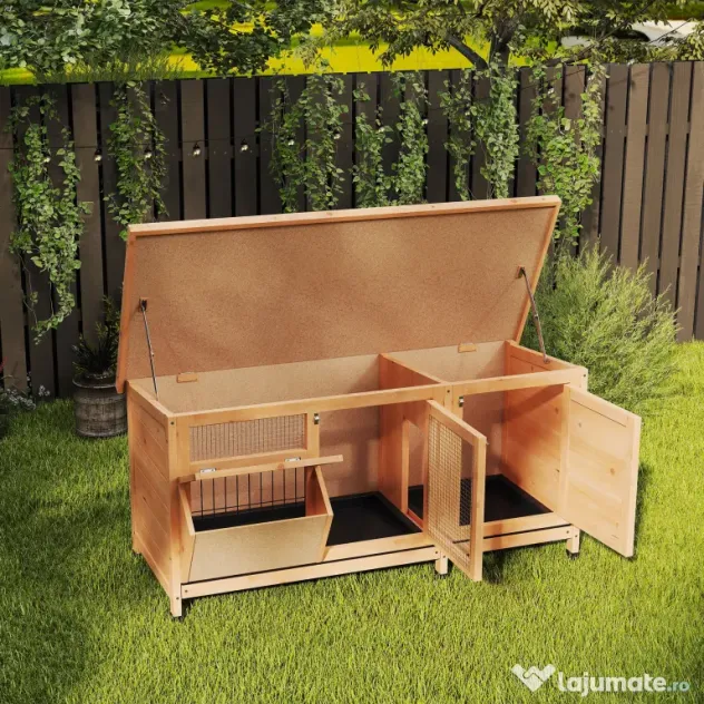PawHut Cușcă pentru Iepuri din Lemn de Exterior cu Acoperiș din Asfalt, Căsuță cu Uși, Tăvi Detașabile și Hrănitoare, 112x50x54 cm, Galben | Aosom Romania