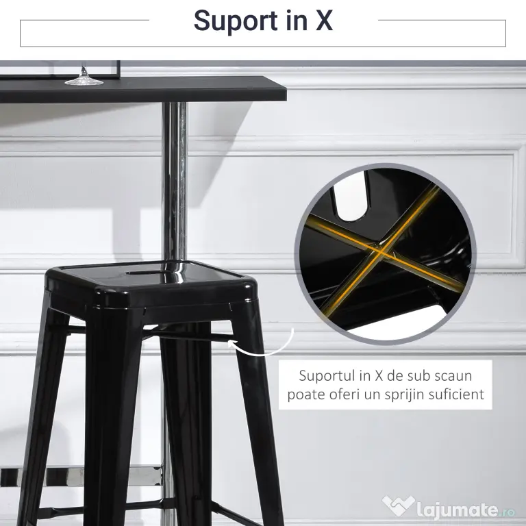 HOMCOM Set 4 Scaune de Bar din Metal cu Suport pentru Picioare Design Versatil pentru Interior/Exterior Negru 43x43x76 cm | Aosom Romania