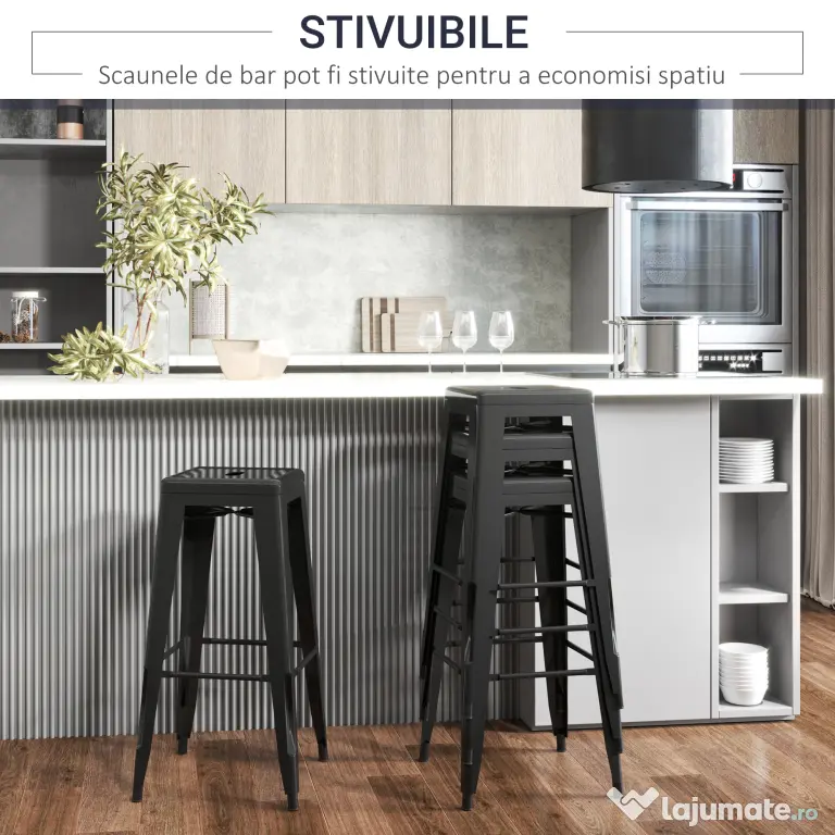 HOMCOM Set 4 Scaune de Bar din Metal cu Suport pentru Picioare Design Versatil pentru Interior/Exterior Negru 43x43x76 cm | Aosom Romania