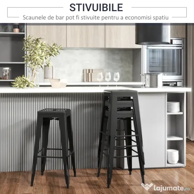 HOMCOM Set 4 Scaune de Bar din Metal cu Suport pentru Picioare Design Versatil pentru Interior/Exterior Negru 43x43x76 cm | Aosom Romania