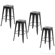 HOMCOM Set 4 Scaune de Bar din Metal cu Suport pentru Picioare pentru Interior si Exterior, 43x43x76 cm, Negru 