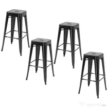 HOMCOM Set 4 Scaune de Bar din Metal cu Suport pentru Picioare pentru Interior si Exterior, 43x43x76 cm, Negru