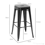 HOMCOM Set 4 Scaune de Bar din Metal cu Suport pentru Picioare pentru Interior si Exterior, 43x43x76 cm, Negru 