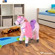 HOMCOM Cal Balansoar pentru Copii 2+ Ani cu Roți și Sunete, Balansoar pentru Copii cu Suport pentru Picioare, 65x28x75 cm, Roz