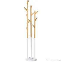 Cuier de podea pentru haine cu suport pentru umbrele si 13 carlige HOMCOM, metal si bambus, dimensiuni 30.5x30.5x174.5cm, lemn si alb | Aosom Romania