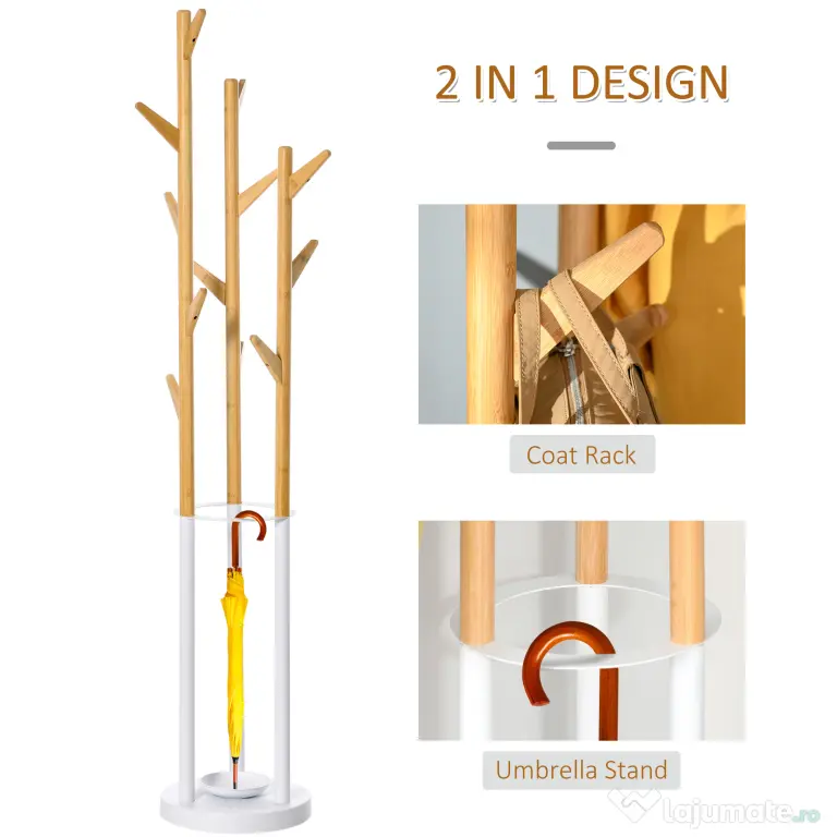 Cuier de podea pentru haine cu suport pentru umbrele si 13 carlige HOMCOM, metal si bambus, dimensiuni 30.5x30.5x174.5cm, lemn si alb | Aosom Romania