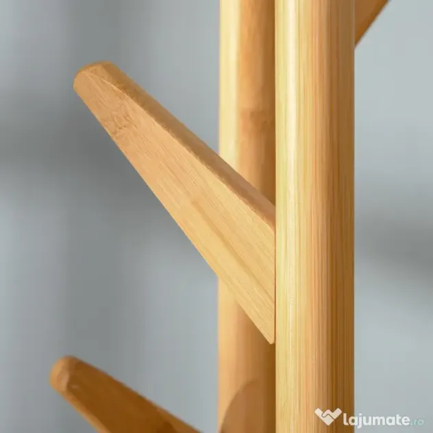 Cuier de podea pentru haine cu suport pentru umbrele si 13 carlige HOMCOM, metal si bambus, dimensiuni 30.5x30.5x174.5cm, lemn si alb | Aosom Romania