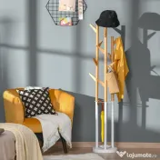 HOMCOM Cuier de podea pentru haine cu suport de umbrele si 13 carlige din metal de culoare alb si bambus 