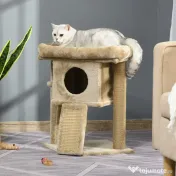 PawHut Ansamblu de Joacă pentru Pisici din Pluș cu Căsuță, Pat, Stâlp de Scris din Iută și Minge, Maro 