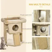 PawHut Ansamblu de Joacă pentru Pisici din Pluș cu Căsuță, Pat, Stâlp de Scris din Iută și Minge, Maro 