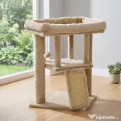 PawHut Ansamblu de Joacă pentru Pisici din Pluș cu Căsuță, Pat, Stâlp de Scris din Iută și Minge, Maro 