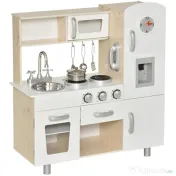 HOMCOM Bucătărie de Jucărie din Lemn pentru Copiii de Peste 3 Ani, 74x30x81 cm, Alb | Aosom Romania