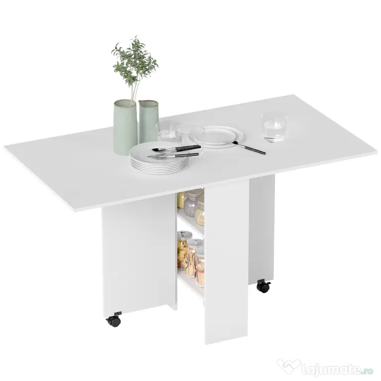 HOMCOM Masă Pliabilă pentru 4-6 Persoane cu 2 Roți și 2 rafturi depozitare, 140x75x74cm, Alb | Aosom Romania