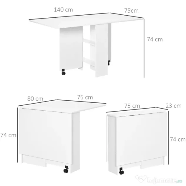 HOMCOM Masă Pliabilă pentru 4-6 Persoane cu 2 Roți și 2 rafturi depozitare, 140x75x74cm, Alb | Aosom Romania