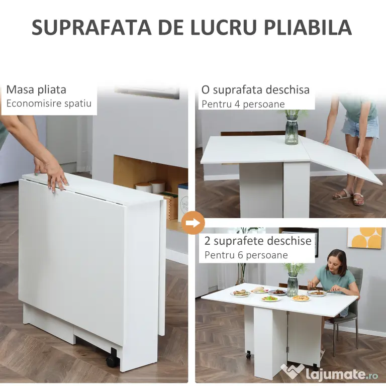 HOMCOM Masă Pliabilă pentru 4-6 Persoane cu 2 Roți și 2 rafturi depozitare, 140x75x74cm, Alb | Aosom Romania