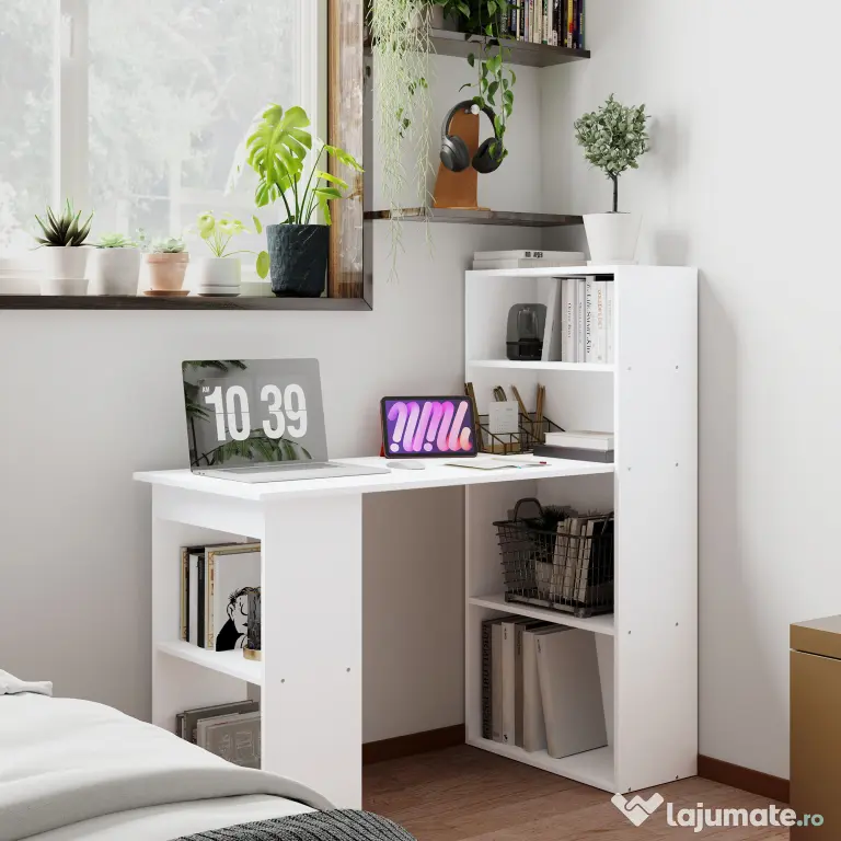 Birou alb modern cu biblioteca cu 6 rafturi din PAL,120x55x120cm HOMCOM | Aosom Romania